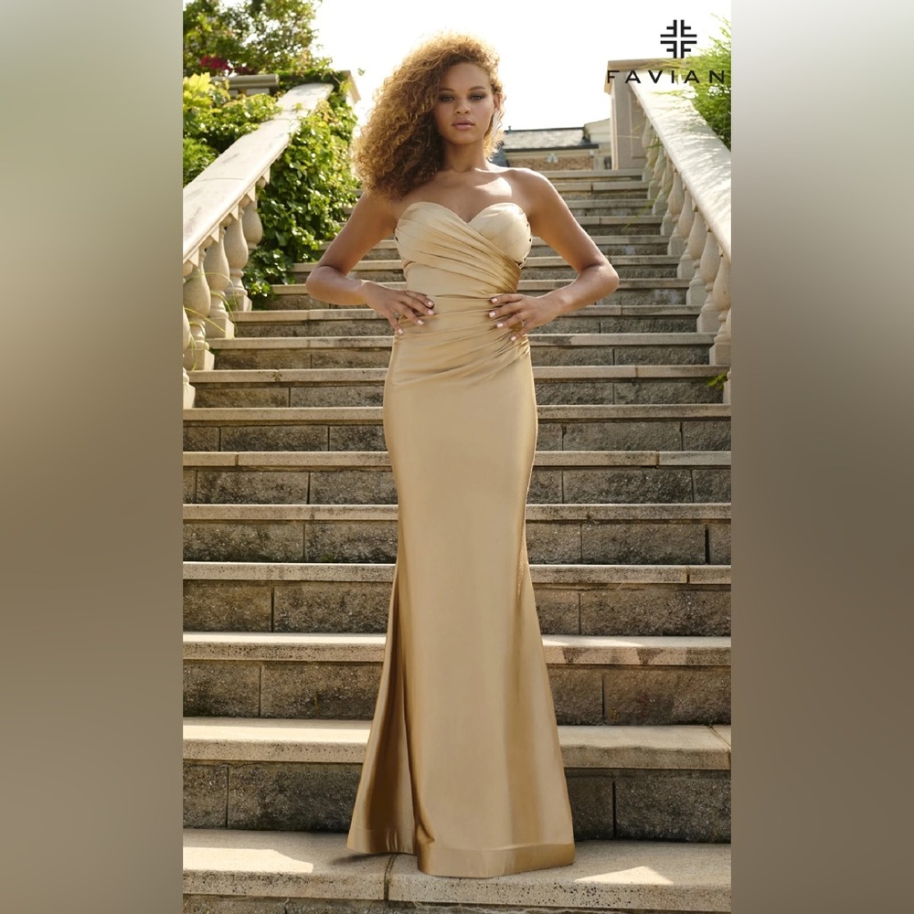 Faviana Gold Strapless Prom Dress